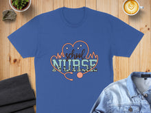 Load image into Gallery viewer, Blue t-shirt with "SCHOOL NURSE" in leopard print and stethoscope design.