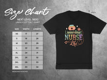 Load image into Gallery viewer, Next Level 3600 unisex cotton t-shirt size chart with dimensions.