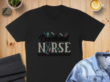 Load image into Gallery viewer, Black t-shirt with "Registered Nurse" text and stethoscope graphic.