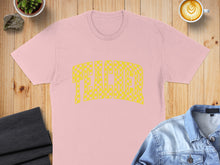 Load image into Gallery viewer, Pink t-shirt with yellow checkered "TEACHER" text, laid flat with coffee and denim jacket.