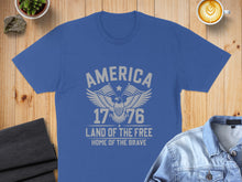 Load image into Gallery viewer, Blue t-shirt with "America Land of the Free Home of the Brave" and eagle graphic.
