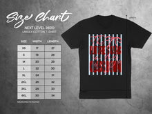 Load image into Gallery viewer, Unisex cotton t-shirt size chart with width and length measurements.