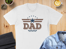 Load image into Gallery viewer, White t-shirt with "DAD" text, stars, and checkered pattern graphic.
