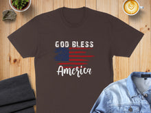 Load image into Gallery viewer, Brown t-shirt with "GOD BLESS America" text and an American flag graphic.