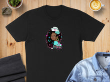 Load image into Gallery viewer, Black t-shirt with a colorful illustration of a nurse.