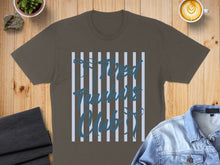 Load image into Gallery viewer, Brown t-shirt with blue and white stripes and "Tired Teachers Club" text.