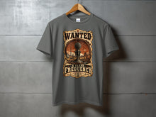 Load image into Gallery viewer, Gray t-shirt with "Wanted: A Clear Frequency" text and vintage microphone design.