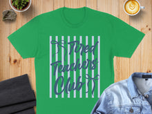 Load image into Gallery viewer, Green t-shirt with blue text "Tired Teachers Club" on striped background.