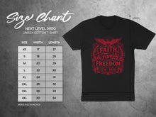 Load image into Gallery viewer, Size chart for Next Level 3600 t-shirt with Faith & Freedom graphic.