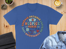 Load image into Gallery viewer, Blue t-shirt with "Courage, Patience, Caffeine, Compassion, Love" and stethoscope graphic.