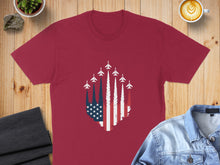 Load image into Gallery viewer, Burgundy t-shirt with US flag and fighter jets graphic.