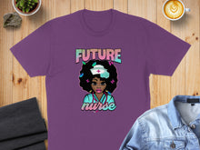 Load image into Gallery viewer, Purple t-shirt with "FUTURE NURSE" text and cartoon nurse illustration.