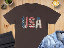 Load image into Gallery viewer, Brown t-shirt with "USA" in distressed American flag design.
