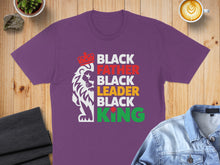 Load image into Gallery viewer, Purple t-shirt with lion and text: Black Father, Black Leader, Black King.