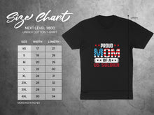 Load image into Gallery viewer, Next Level 3600 size chart with t-shirt dimensions and "Proud Mom of a US Soldier" graphic.
