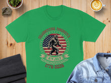 Load image into Gallery viewer, Green t-shirt with patriotic Bigfoot graphic celebrating America's Semiquincentennial 1776-2026.