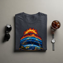 Load image into Gallery viewer, Dark t-shirt with a graphic of Earth, sun, and atmospheric layers with FED text.
