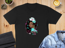 Load image into Gallery viewer, Black t-shirt featuring a nurse with curly hair and butterflies, text "Nurse Life".