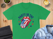 Load image into Gallery viewer, Green t-shirt with "Party in the USA" text and patriotic tongue graphic.