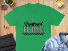 Load image into Gallery viewer, Green t-shirt with "Registered Nurse" text and medical symbols.