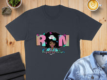 Load image into Gallery viewer, RN Registered nurse graphic with woman and butterflies on dark t-shirt.
