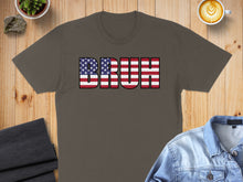 Load image into Gallery viewer, Brown t-shirt with "BRUH" in American flag design.