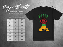 Load image into Gallery viewer, Size chart for Next Level 3600 unisex cotton t-shirt with "Black Matter" graphic.