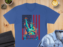 Load image into Gallery viewer, Statue of Liberty and US flag design on a blue t-shirt.