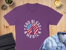 Load image into Gallery viewer, Purple t-shirt with "God Bless America" and US flag graphic.