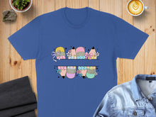 Load image into Gallery viewer, Blue t-shirt with colorful pencils and flowers graphic divided by a horizontal line.