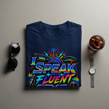 Load image into Gallery viewer, Navy t-shirt with "I SPEAK FLUENT" graphic and radio equipment.