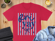 Load image into Gallery viewer, Red t-shirt with "enii yay" text and blue stripes and stars.