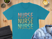 Load image into Gallery viewer, Turquoise t-shirt with "NURSE" repeated three times in colorful polka dot text.