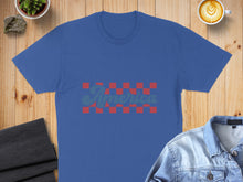Load image into Gallery viewer, Blue t-shirt with red and blue checkered "America" text.