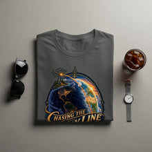 Load image into Gallery viewer, Grey t-shirt with globe graphic and text "Chasing the Day Line".