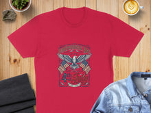 Load image into Gallery viewer, Red t-shirt with "Independence Day 4th of July EST. 1776" and American flags.