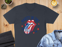 Load image into Gallery viewer, Dark t-shirt with "Party in the USA" and American flag tongue graphic.