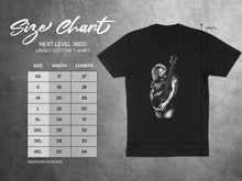 Load image into Gallery viewer, Guitarist Illustration Unisex Cotton T-shirt Size Chart