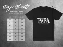 Load image into Gallery viewer, Unisex cotton t-shirt size chart for Papa shirt with fitting guide.
