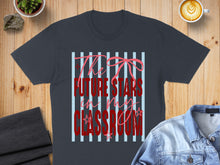 Load image into Gallery viewer, Dark grey t-shirt with red text "The future stars in my classroom" and pink bow.