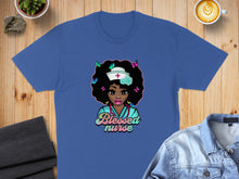 Load image into Gallery viewer, Blue t-shirt featuring a "Blessed Nurse" graphic with a woman and butterflies.