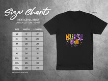Load image into Gallery viewer, Next Level 3600 unisex cotton t-shirt size chart with width and length measurements in inches.