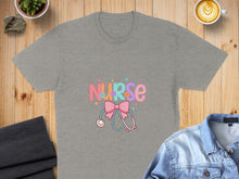 Load image into Gallery viewer, Grey t-shirt with "NURSE" in colorful letters and a stethoscope.