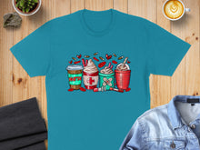 Load image into Gallery viewer, T-shirt graphic featuring four coffee cups with nurse-themed designs.