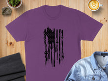 Load image into Gallery viewer, Purple t-shirt with distressed black American flag design.