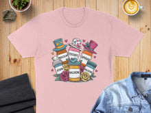 Load image into Gallery viewer, Pink t-shirt with cartoon pills labeled Midazolam, Fentanyl, Diprivan, and Naloxone.
