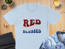 Load image into Gallery viewer, Light blue t-shirt with "RED WHITE BLESSED" graphic.