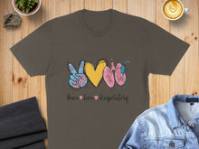 Load image into Gallery viewer, Dark gray t-shirt with peace sign, heart, and lungs graphic, text "Peace love Respiratory".