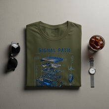 Load image into Gallery viewer, Olive t-shirt with "SIGNAL PATH AMATEUR RADIO EXPLODED VIEW" graphic.