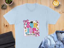 Load image into Gallery viewer, Light blue t-shirt with "Senior Class of 2026" text and festive graphics.